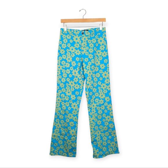 Motel Zoven Blue & Green Retro Daisy Print Flared Trousers Size M - Picture 2 of 11